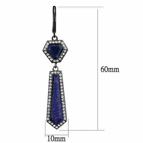 Stainless Steel Dark Gunmetal Lapis Blue Stone Hexagon Earrings view 2