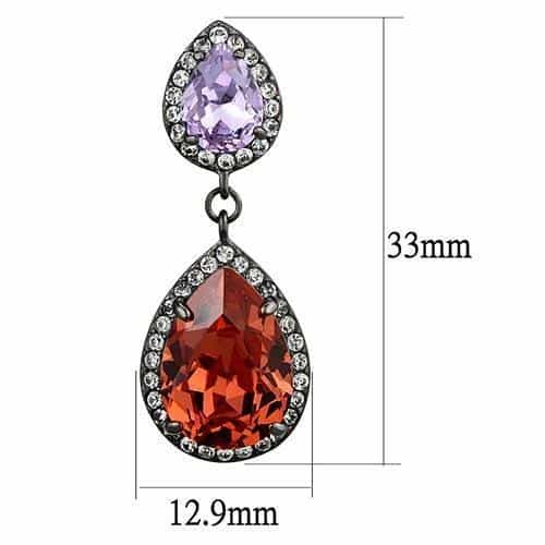 Stainless Steel Dark Gunmetal Orange Red Crystal Pear CZ Earrings view 2