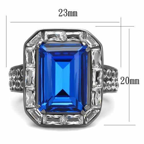 Stainless Steel Blue Sapphire Emerald Cut CZ Baguette Halo Ring view 6