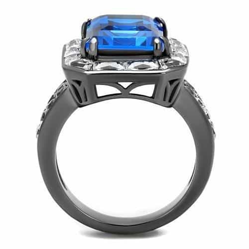 Stainless Steel Blue Sapphire Emerald Cut CZ Baguette Halo Ring view 7