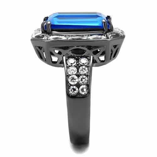 Stainless Steel Blue Sapphire Emerald Cut CZ Baguette Halo Ring view 8