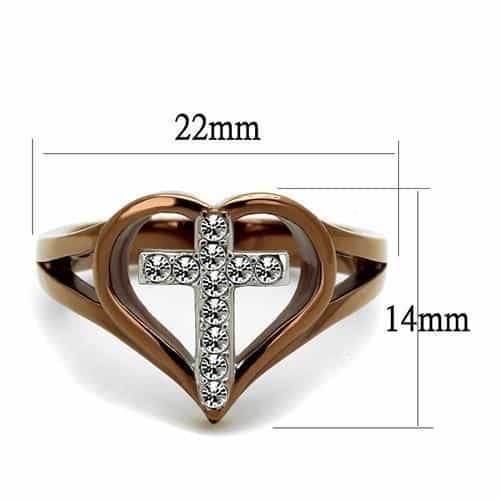 Stainless Steel Coffee Brown IP CZ Cross Heart Open Ring view 2