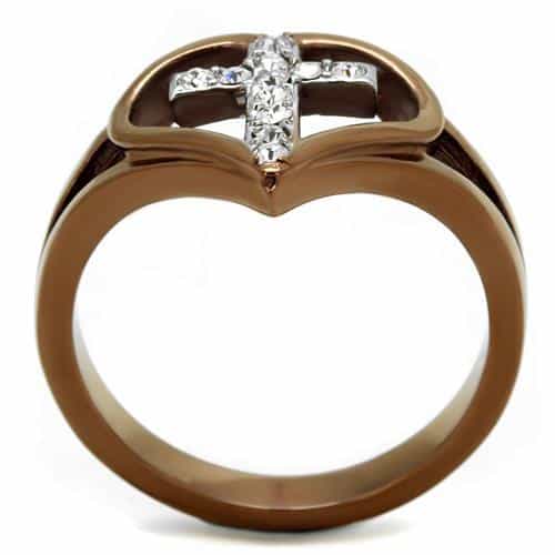 Stainless Steel Coffee Brown IP CZ Cross Heart Open Ring view 7