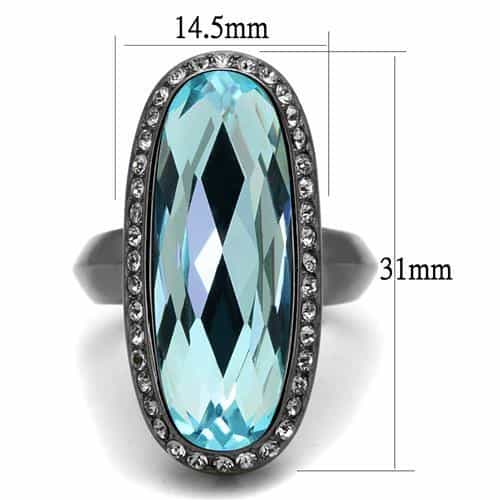Stainless Steel Dark Gunmetal Aquamarine Blue Oval CZ Halo Ring view 6