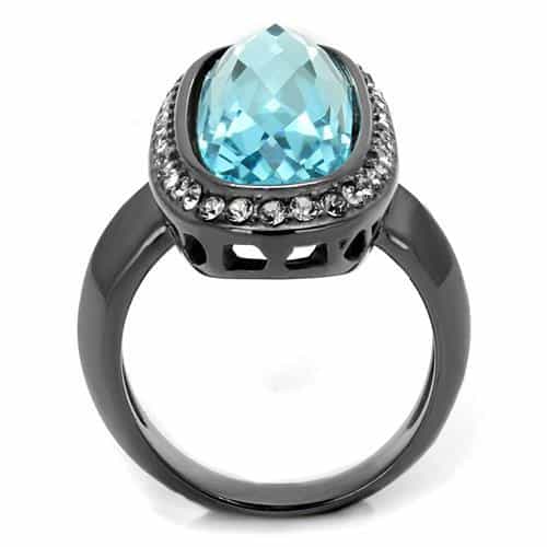 Stainless Steel Dark Gunmetal Aquamarine Blue Oval CZ Halo Ring view 7