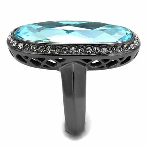 Stainless Steel Dark Gunmetal Aquamarine Blue Oval CZ Halo Ring view 8