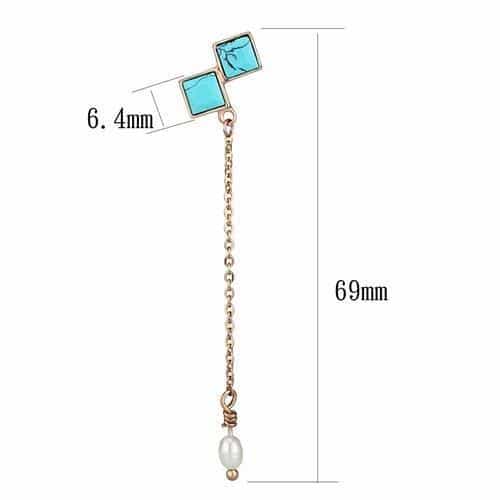 Stainless Steel Rose Gold IP Turquoise Square Chain Earrings view 2