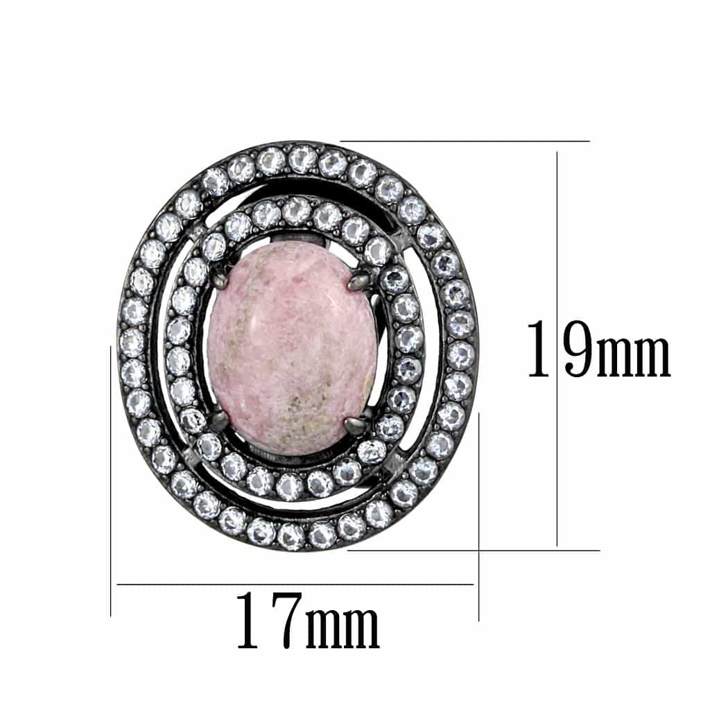 Stainless Steel Dark Gunmetal Pink Rhodonite Oval CZ Earrings view 2