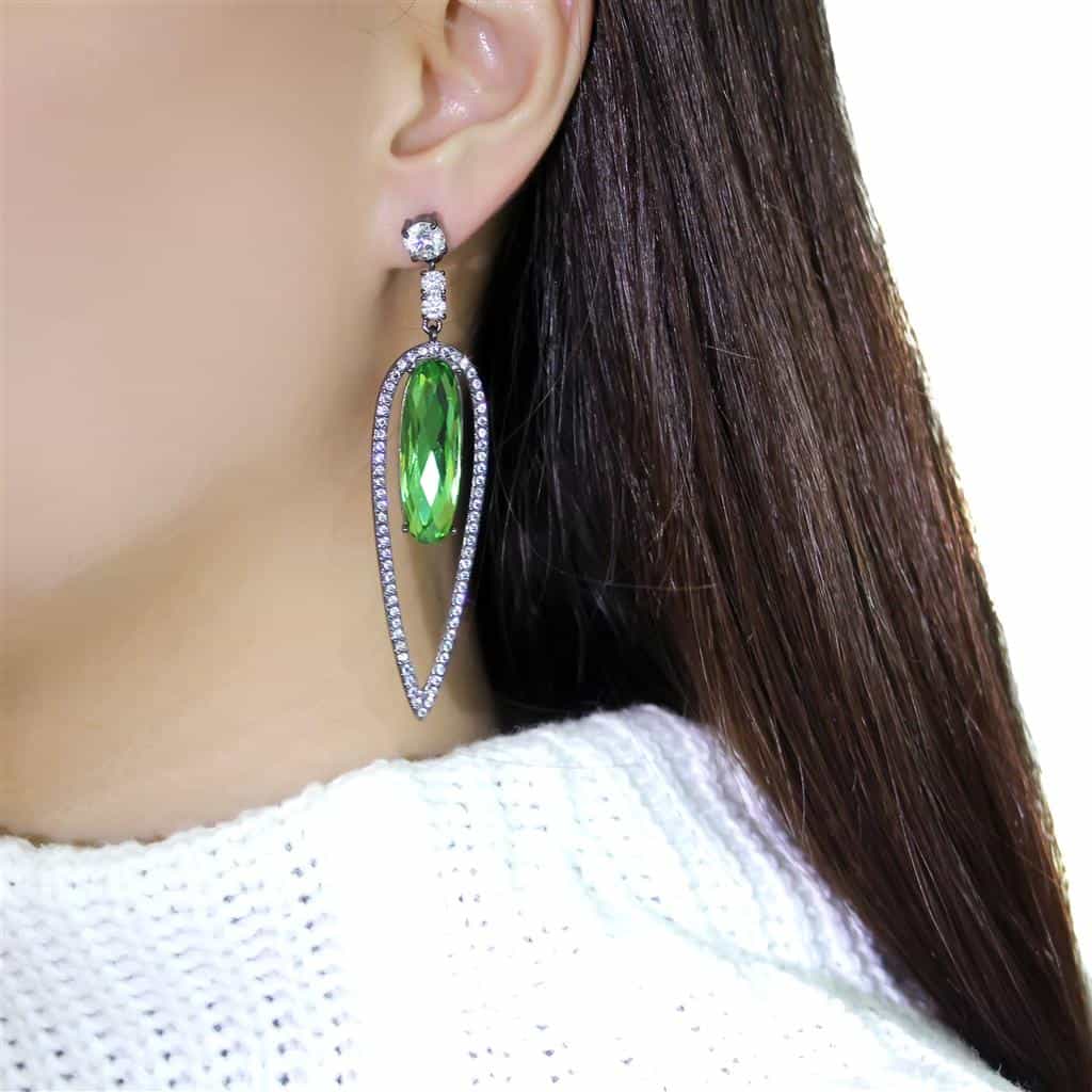 Stainless Steel Dark Gunmetal Peridot Green Crystal Earrings view 3