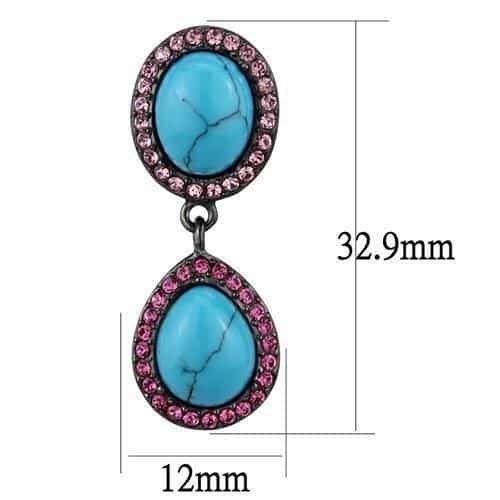 Stainless Steel Turquoise Cabochon Pink CZ Halo Double Earrings view 2
