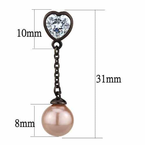 Stainless Steel Coffee Brown IP CZ Heart Pearl Chain Earrings view 2