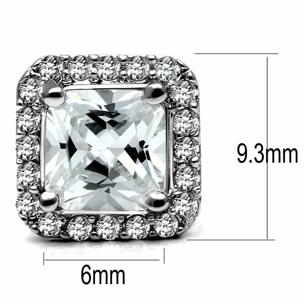 Stainless Steel CZ Princess Cut Square Halo Stud Earrings TK2881 view 2