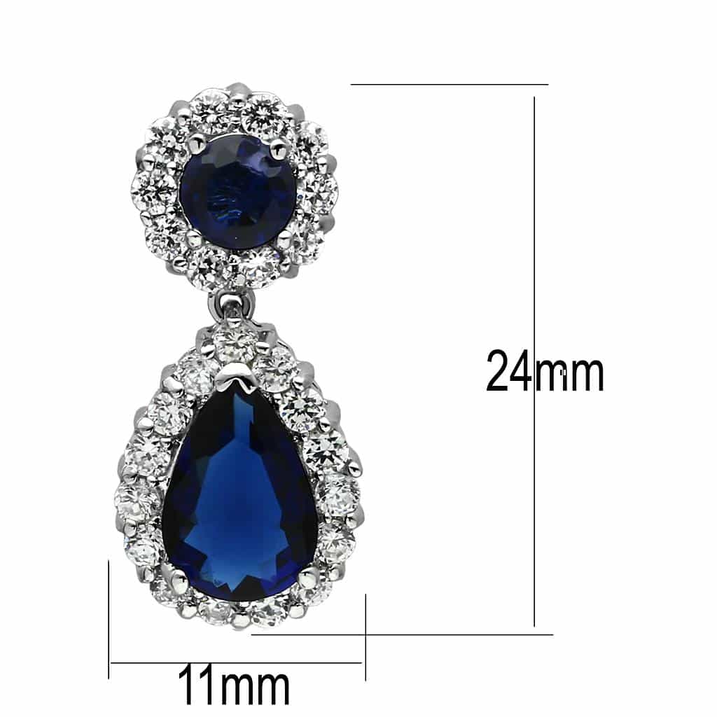 Stainless Steel Blue Sapphire CZ Round Pear Double Halo Earrings view 2