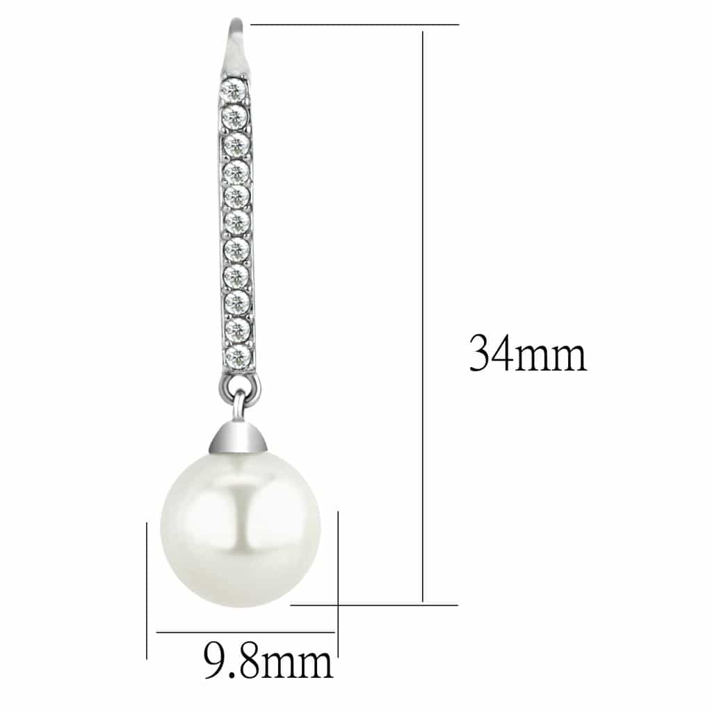 Stainless Steel White Pearl CZ Pave Bar Hook Drop Earrings view 2