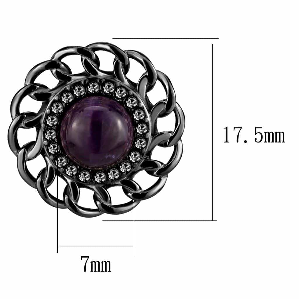 Stainless Steel Dark Gunmetal Amethyst Purple Cabochon Earrings view 2