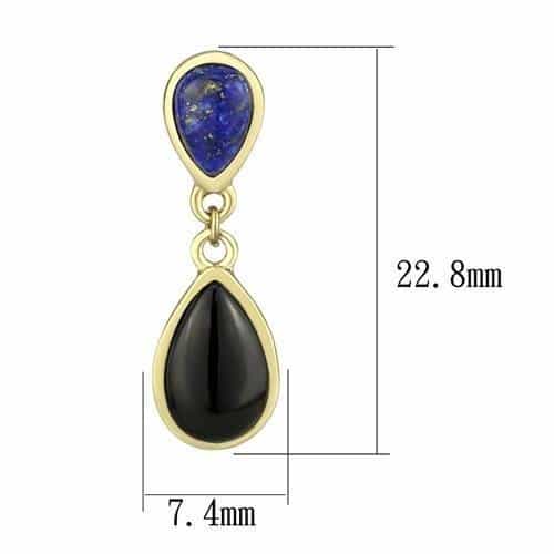 Stainless Steel Gold IP Lapis Blue Stone Black Onyx Pear Earrings view 2