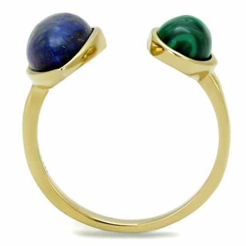 Stainless Steel Gold IP Lapis Blue Malachite Marquise Open Ring view 8