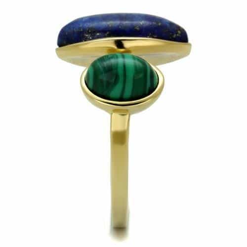 Stainless Steel Gold IP Lapis Blue Malachite Marquise Open Ring view 9