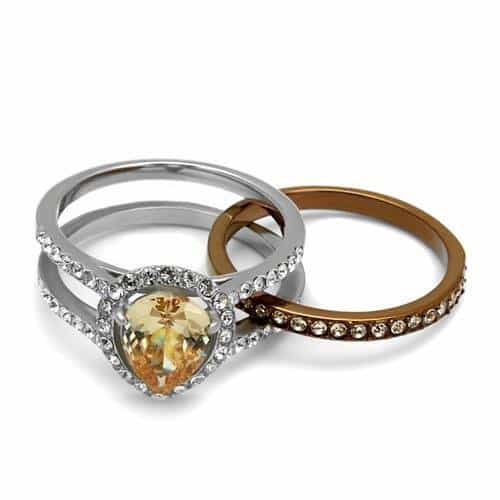 Stainless Steel Two Tone Coffee Brown Silver Champagne CZ Ring view 5