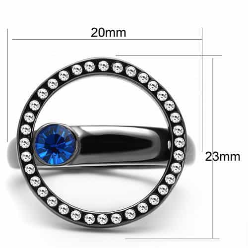 Stainless Steel Dark Gunmetal Blue Sapphire CZ Round Circle Ring view 2