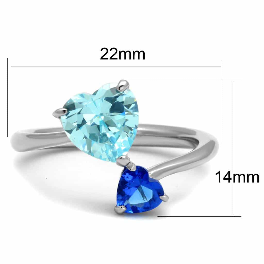 Stainless Steel Aquamarine Blue CZ Heart Blue Sapphire Heart Ring view 2