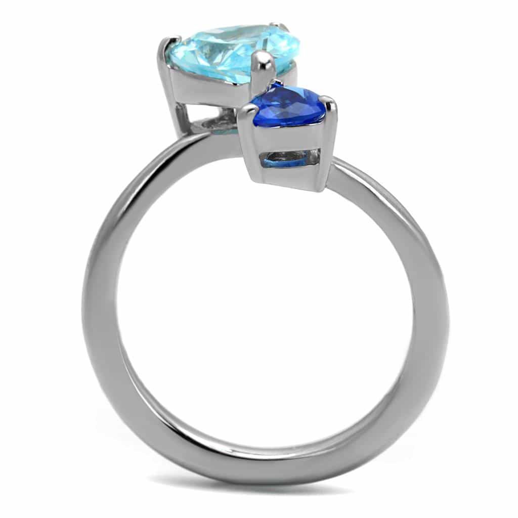 Stainless Steel Aquamarine Blue CZ Heart Blue Sapphire Heart Ring view 3
