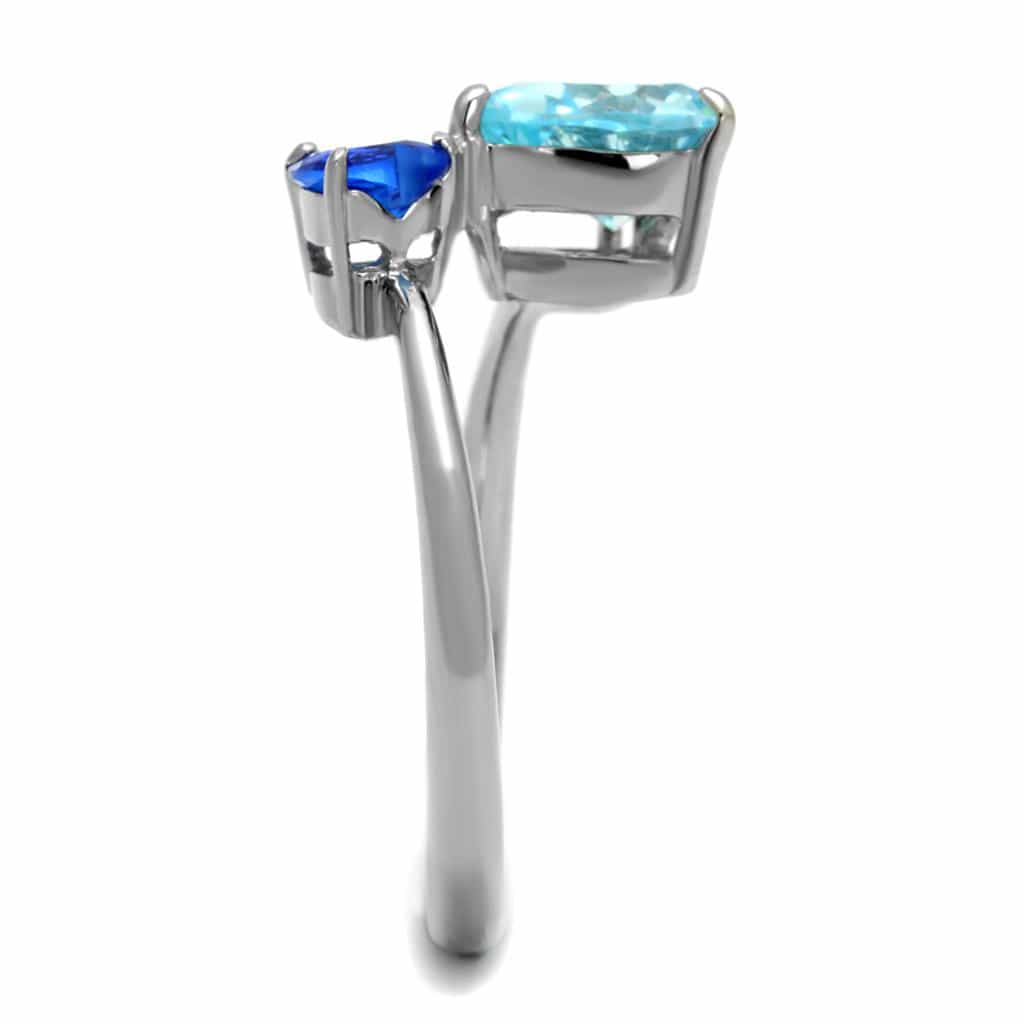 Stainless Steel Aquamarine Blue CZ Heart Blue Sapphire Heart Ring view 4