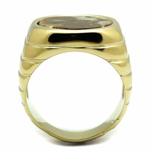 Stainless Steel Gold IP Natural Agate Round Cabochon Ribbed Ring view 3