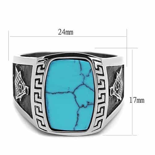 Stainless Steel Turquoise Inlay Masonic Compass Greek Key Ring view 6