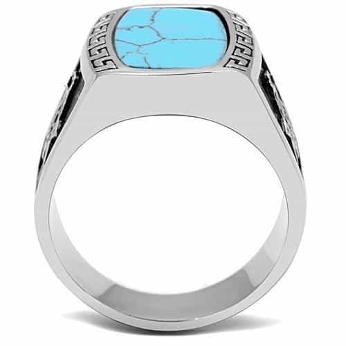 Stainless Steel Turquoise Inlay Masonic Compass Greek Key Ring view 7