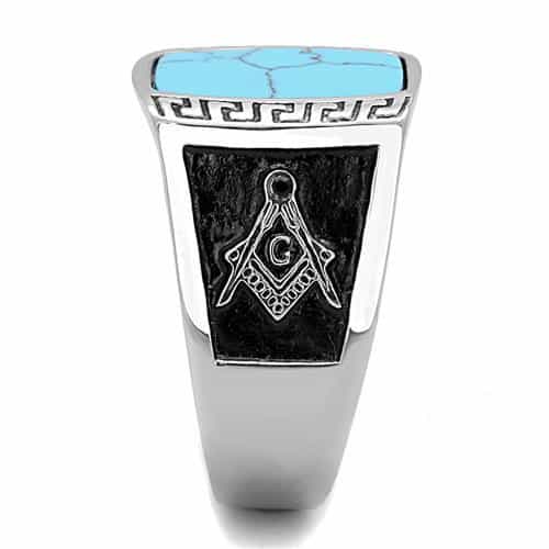 Stainless Steel Turquoise Inlay Masonic Compass Greek Key Ring view 8