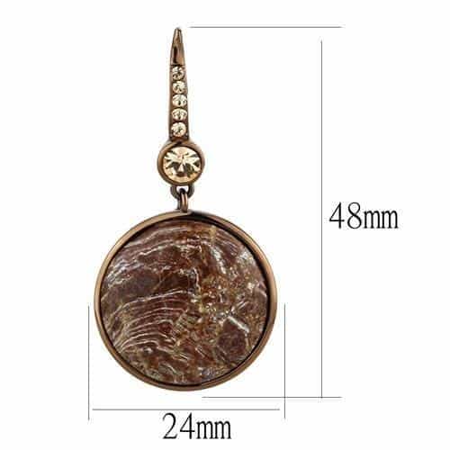 Stainless Steel Rose Gold IP Brown Jasper Stone Round CZ Earrings view 2
