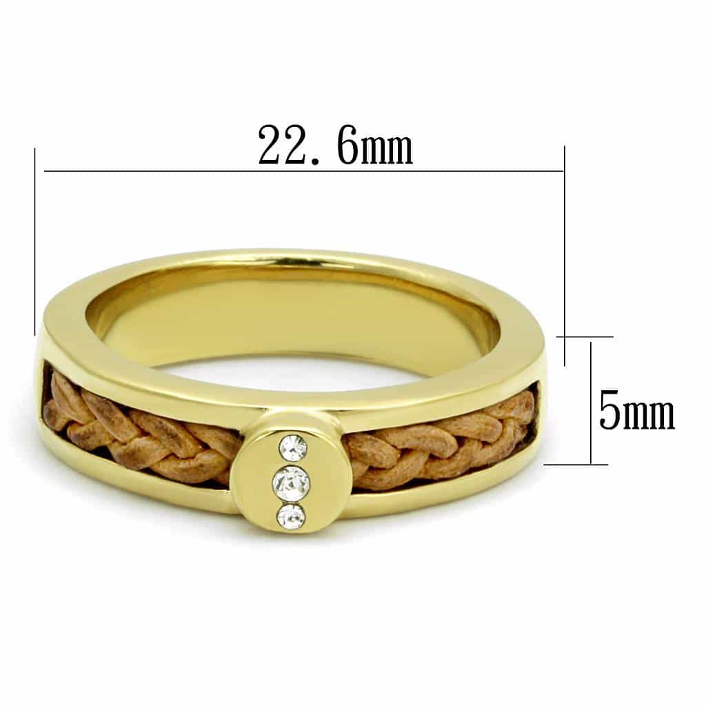 Stainless Steel Gold IP Brown Leather Braided CZ Bezel Band Ring view 2