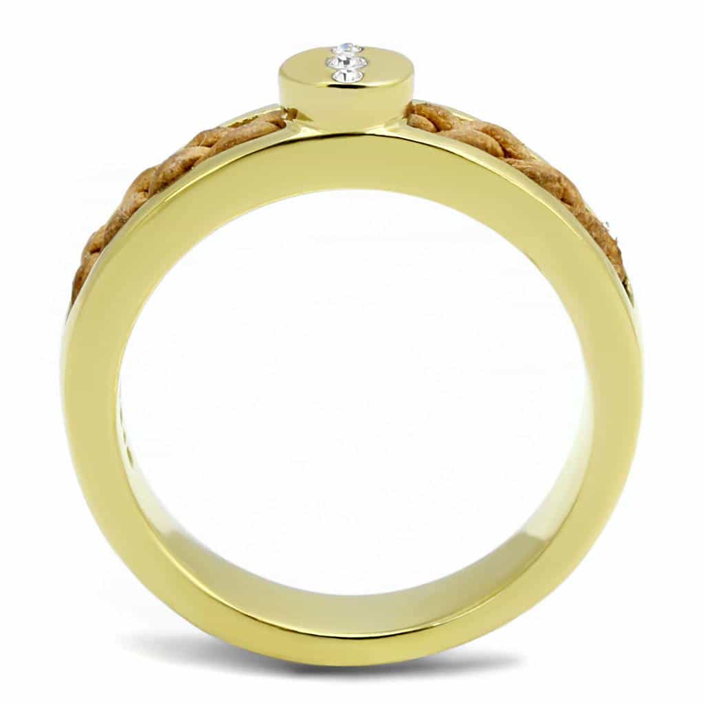 Stainless Steel Gold IP Brown Leather Braided CZ Bezel Band Ring view 7