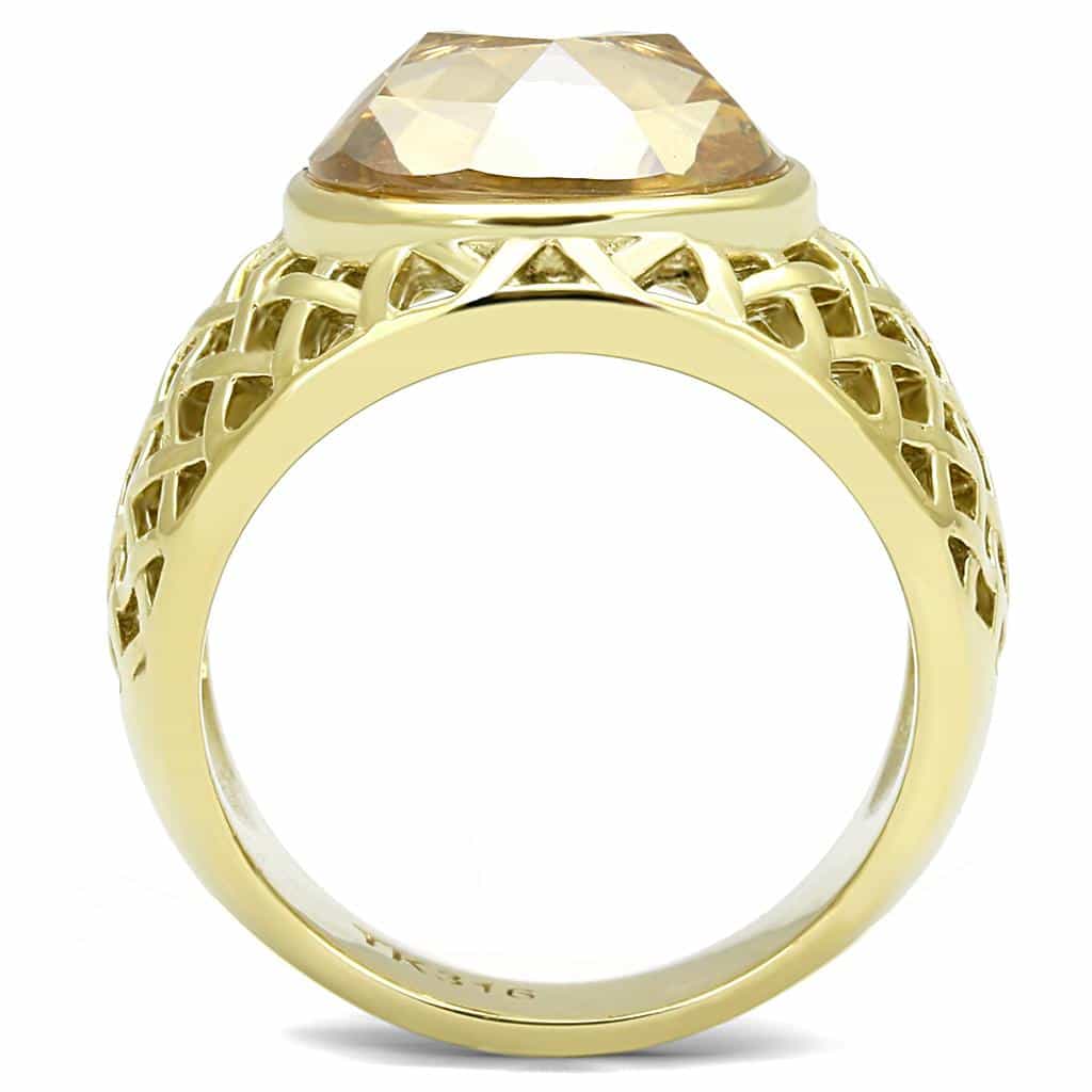 Stainless Steel Gold IP Champagne Crystal Lattice Cage Dome Ring view 7