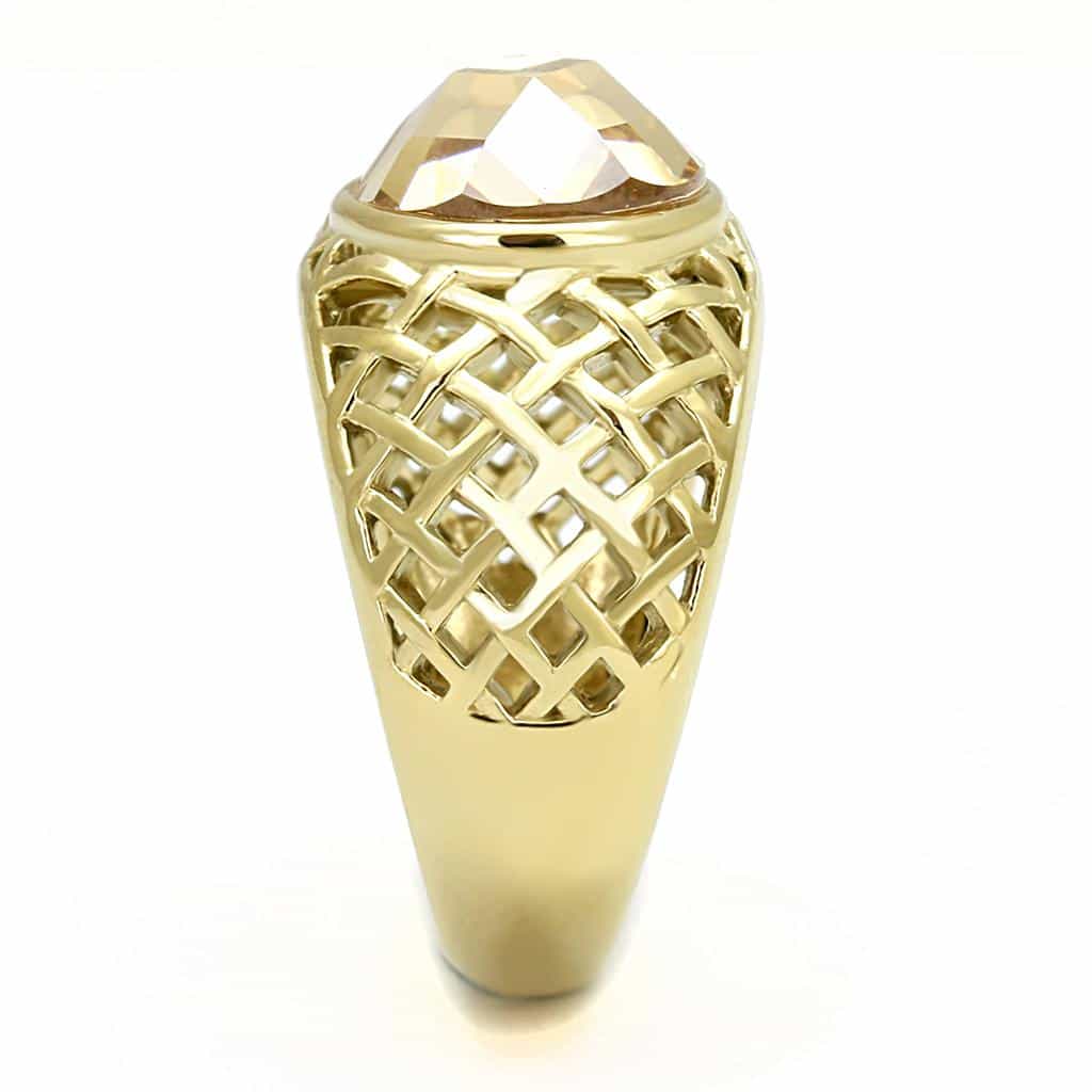 Stainless Steel Gold IP Champagne Crystal Lattice Cage Dome Ring view 8