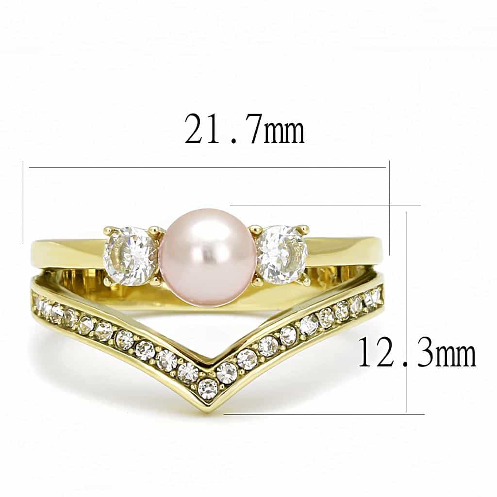 Stainless Steel Gold IP Pink Pearl CZ Marquise Chevron Stack Ring view 6