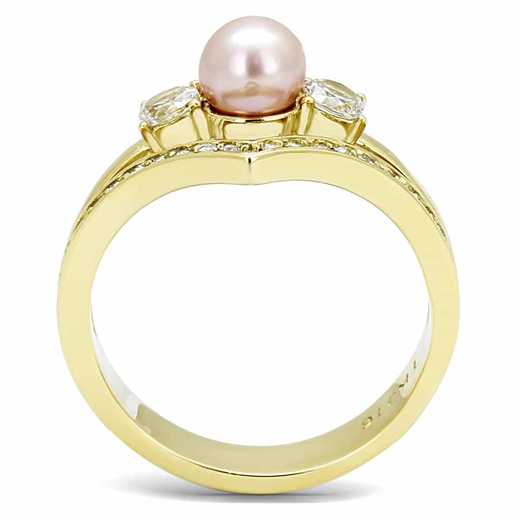 Stainless Steel Gold IP Pink Pearl CZ Marquise Chevron Stack Ring view 3