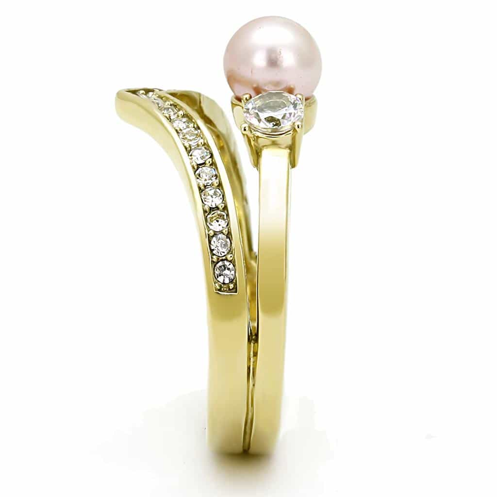 Stainless Steel Gold IP Pink Pearl CZ Marquise Chevron Stack Ring view 8