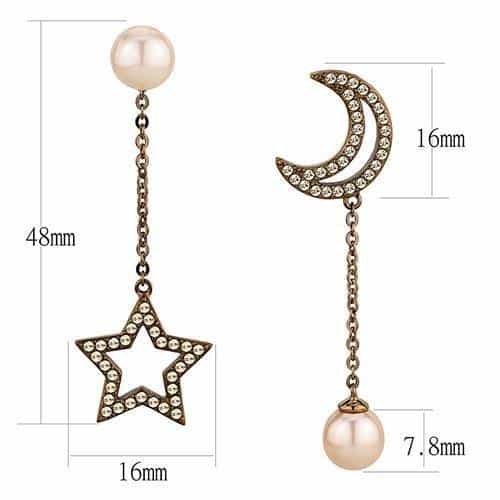 Stainless Steel Gold IP CZ Pave Star Moon Pearl Chain Earrings view 2