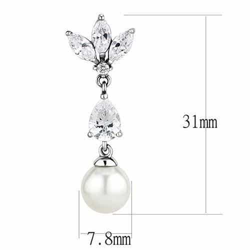 Stainless Steel CZ Marquise Leaf Cluster Pearl Chain Earrings view 2