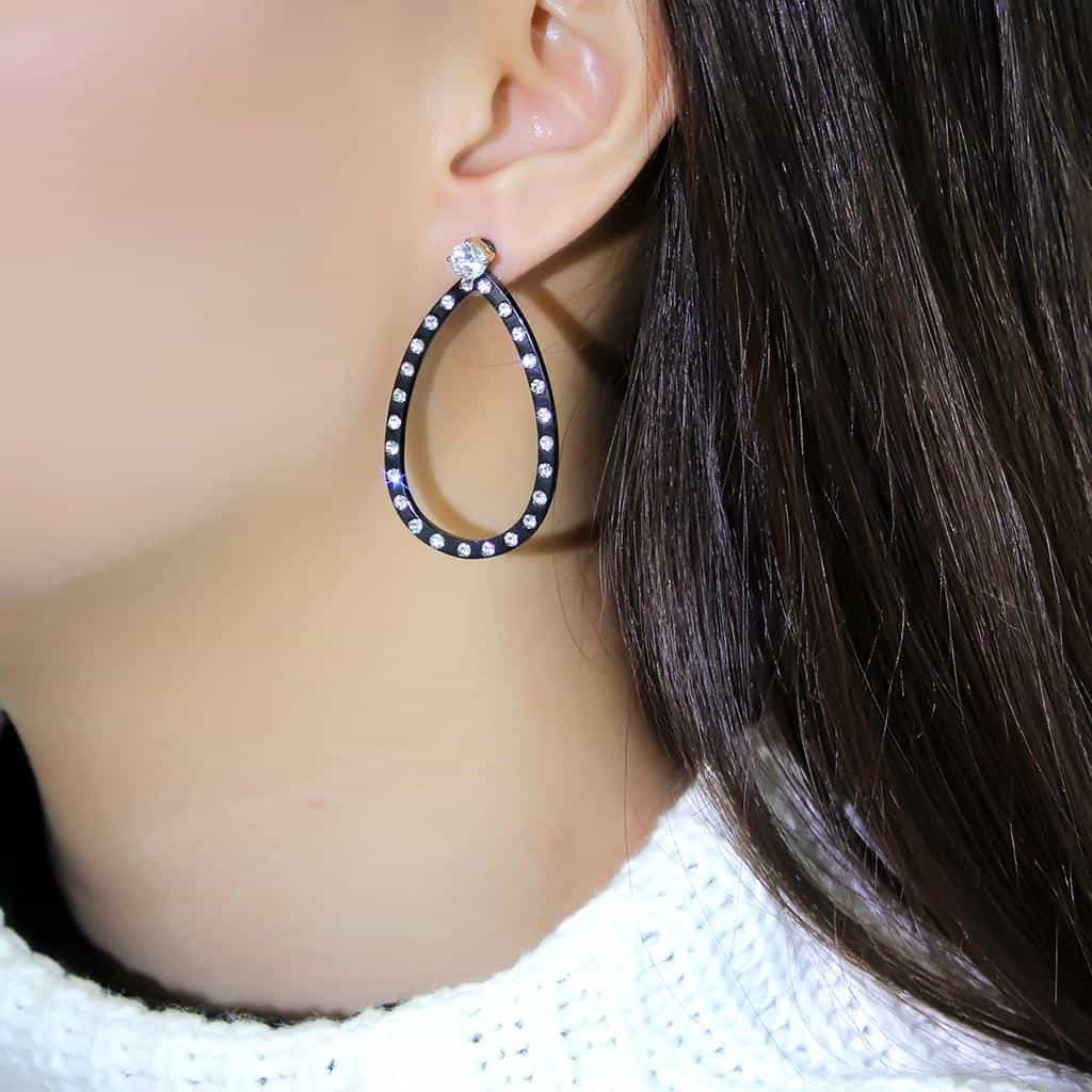 Stainless Steel Black IP CZ Pave Teardrop Hoop Earrings view 3