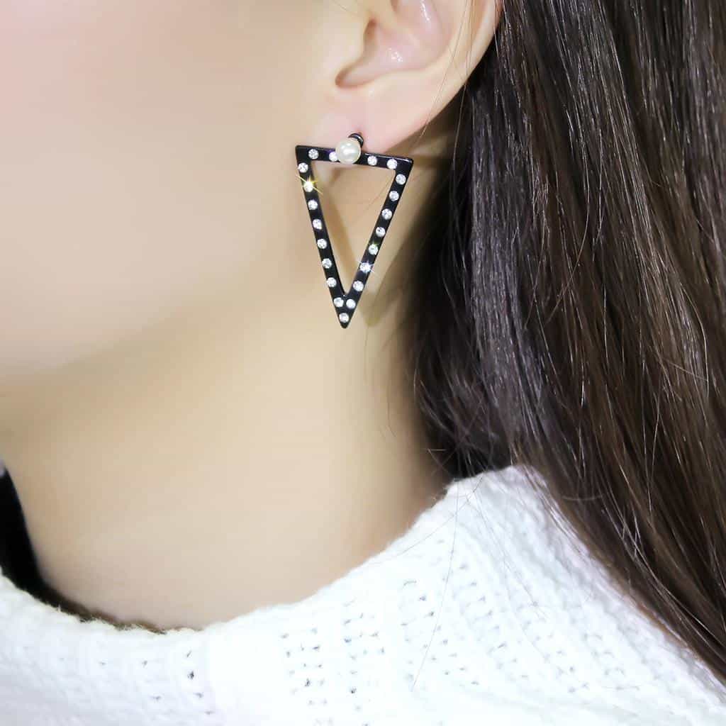 Stainless Steel Black IP CZ Pave Triangle Pearl Stud Earrings view 3