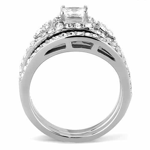 Stainless Steel CZ Princess Square Cluster Pave Halo Bridal Ring view 7