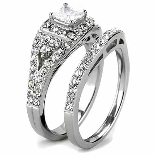 Stainless Steel CZ Princess Square Cluster Pave Halo Bridal Ring view 8