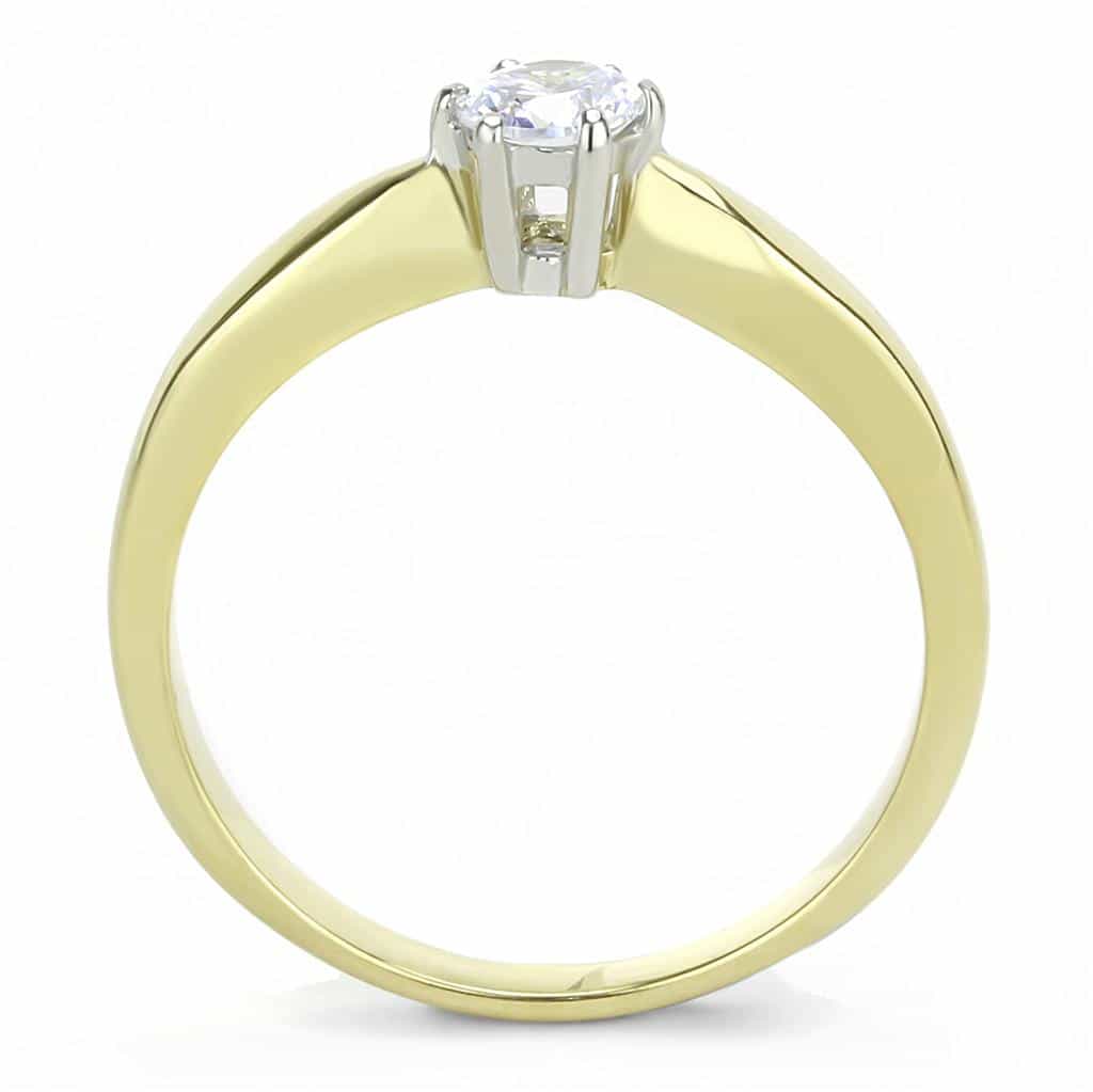 Stainless Steel Gold IP CZ Round Six Prong Bezel Solitaire Ring view 3