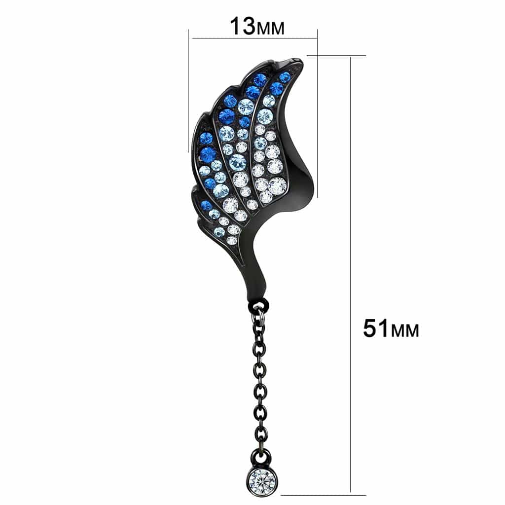 Stainless Steel Blue Sapphire CZ Pave Wing Leaf Chain Earrings view 2