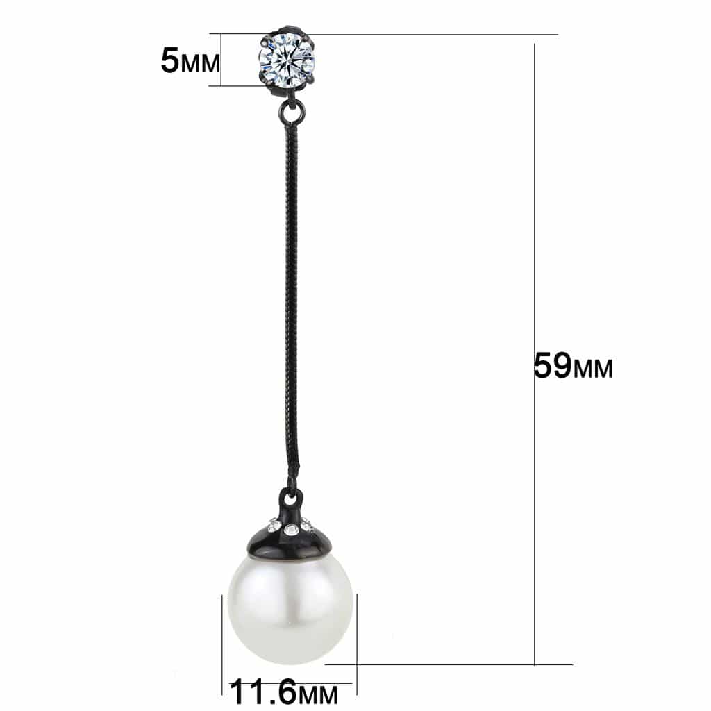 Stainless Steel Black IP CZ Round Pearl Chain Drop Earrings view 2