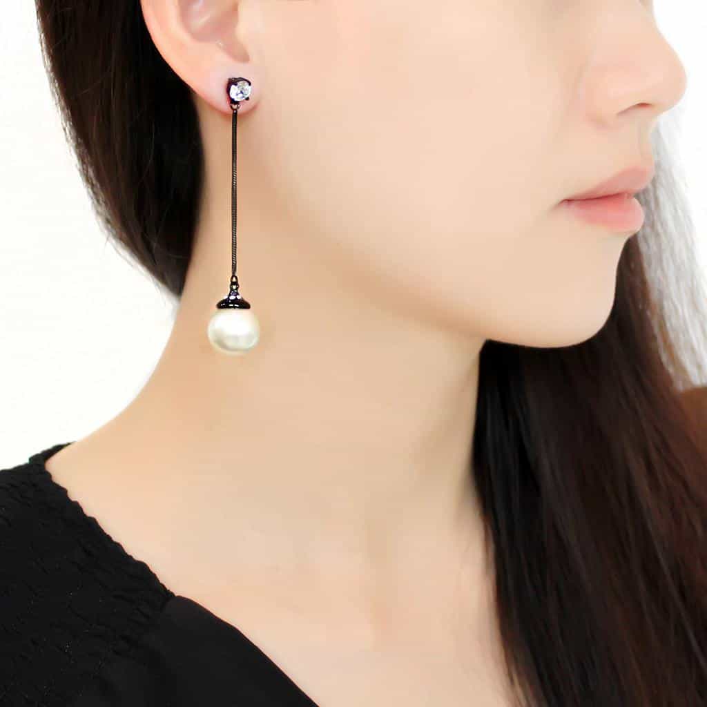 Stainless Steel Black IP CZ Round Pearl Chain Drop Earrings view 3