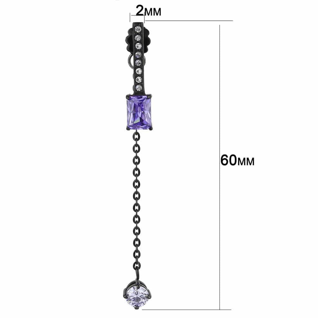 Stainless Steel Black IP Amethyst Princess CZ Chain Drop Earrings view 2